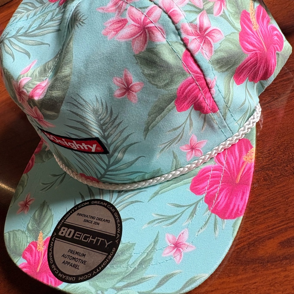 NWT 80eighty Aloha Premium Tropical Floral Rope-Trim Hat - Aqua & Pink - Picture 9 of 9